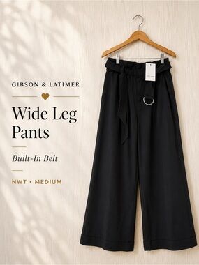 Gibson & Latimer Black Wide Leg Pull-On Pants with Belt Size Medium NWT